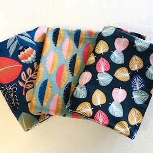 lot 3 fabric coupons with blue and multicolored exotic patterns - oeko tex fabrics, for bibs, wipes, kitchen towels