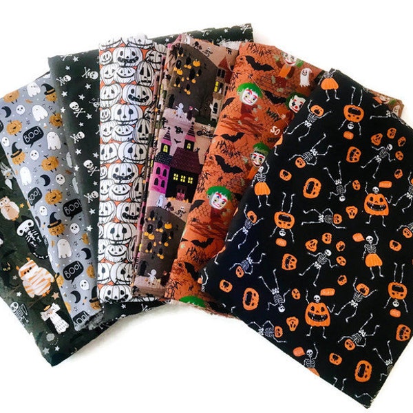 Halloween, Lot 7 tissus assortis Halloween orange, gris citrouilles, boo, tissus lingettes, tissus halloween