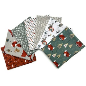Lot of 7 children&#39;s fabric coupons with fox and rabbits, green and white, oeko tex fabric, cottagecore fabrics, zero waste wipes pouch fabrics