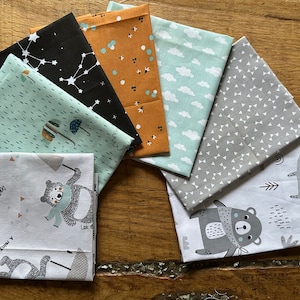lot 7 coupons child fabric mint bear umbrella clouds, fabric Oeko Tex 100 white mint taupe and black, rainy day, child fabric, zero waste
