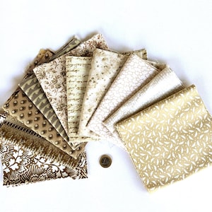 Könnte beinhalten: Eine Sammlung von Stoffquadraten in verschiedenen Braun-, Beige- und Cremetönen, fächerförmig angeordnet. Die Stoffe weisen verschiedene Muster auf, darunter Blumen-, Tupfen- und Schriftzüge. Eine Münze ist unten rechts zu sehen.