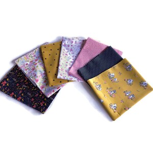 lot of 7 children&#39;s fabric coupons with small animals and flowers, Oeko Tex 100 mustard, black and pink fabrics, pouches, wipes, baby blanket