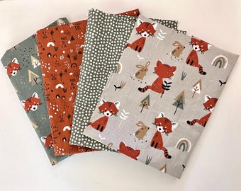 Lot of 4 fox fabric coupons, patchwork coupons, wipes and pouch coupons, assortment of Oeko-Tex fabrics, zero-waste sewing fabric.