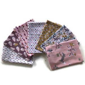 lot 7 coupons pink child fabric with owl and fox, patchwork fabrics Oeko Tex 100, pink and plum, pouch fabrics, wipes