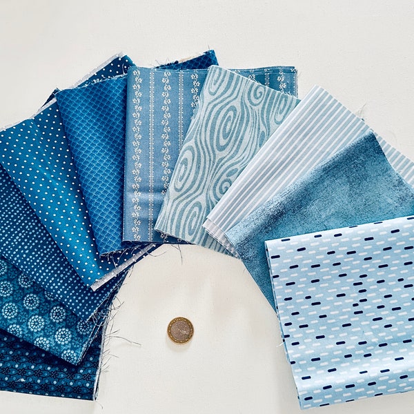 lot tissus bleu - 10 pièces 15 cm x 55 cm  ou 10 x 55 cm - assortiment tissus bleu patchwork