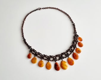 Vintage 1950s Baltic amber necklace, Statement necklace, Copper necklace, Antique necklace with amber, Beautiful chain necklace for women