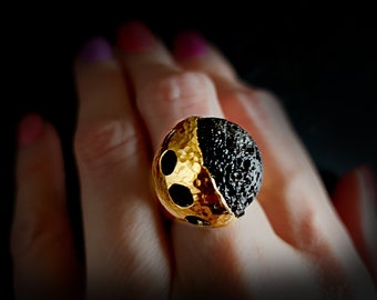Cosmic full moon design ring, Gold plated 24K sterling silver fused textured ring with round volcanic lava, Outstanding gift for women