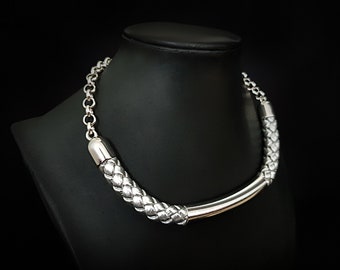 Silver braided leather stylish design women necklace with elegant silver metal element, Fashion accessory for everyday or special occasion