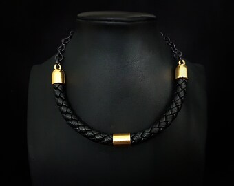Deep black braided leather stylish design lady necklace with elegant gold metal element, Fashion accessory for everyday or special occasion