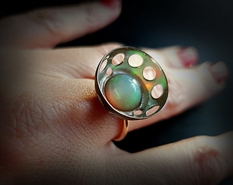 Gold and oxidised sterling silver artistic ring with genuine round opal, Design gift for women Perfect to wear every day and for speсial day