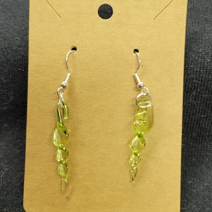 Glass dangle earrings, green glass spiral earrings, handmade art glass earrings, green glass jewelry, unique glass jewelry, art glass