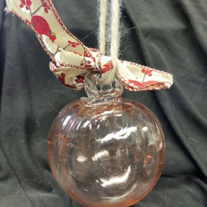 Red cardinal ribbon fused pink glass Christmas ornament, pink gazing ball holiday bowl filler