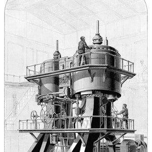 May include: A black and white illustration of a large industrial steam engine with a complex system of gears, pipes, and levers. Three men in suits and top hats stand in front of the engine, observing its intricate workings.