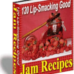 May include: A red book with the title "120 Lip-Smacking Good Jam Recipes" and a picture of a jar of jam, a wooden spoon, and strawberries and raspberries.
