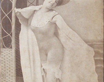 Antique Postcard Risque Woman Bathing Suit c.1900s Beach Scene Petite No 2.