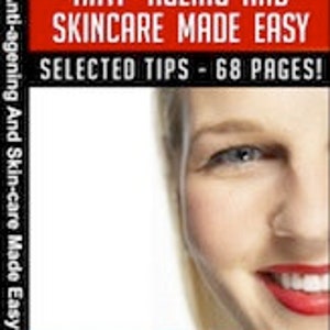 Può includere: Una copertina di libro rossa e bianca con il titolo "Anti-Ageing and Skincare Made Easy" e il sottotitolo "Selected Tips - 68 Pages!" La copertina presenta un primo piano del viso sorridente di una donna.