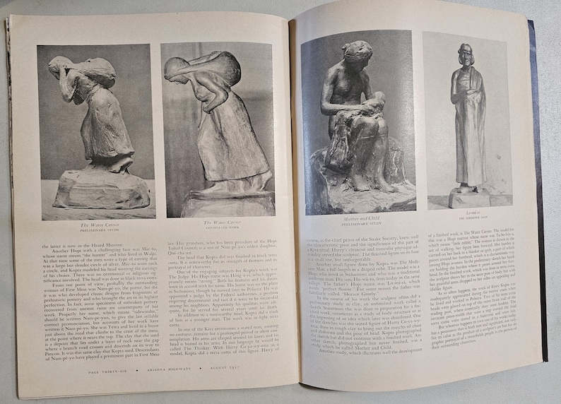 K&ouml;nnte beinhalten: Eine Seite aus einem Vintage-Magazin mit Schwarz-Wei&szlig;-Fotografien von Skulpturen. Die Bilder zeigen Figuren in verschiedenen Posen, darunter eine Frau mit Kind und stehende Figuren. Die Seite stammt aus einer Publikation.