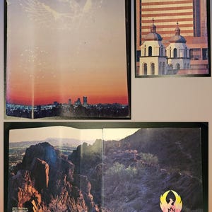 May include: A collection of vintage Arizona Highways magazines. The covers feature scenic desert landscapes, city skylines, and architectural images. The magazine covers have the text "ARIZONA HIGHWAYS" and "THE RISING OF THE PHOENIX".
