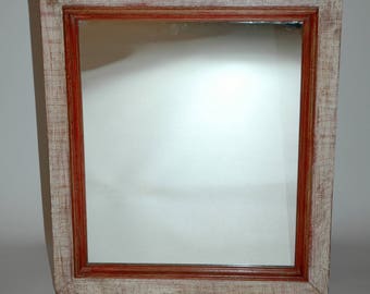 Miroir Bois patine rouge/orange et blanc cassé