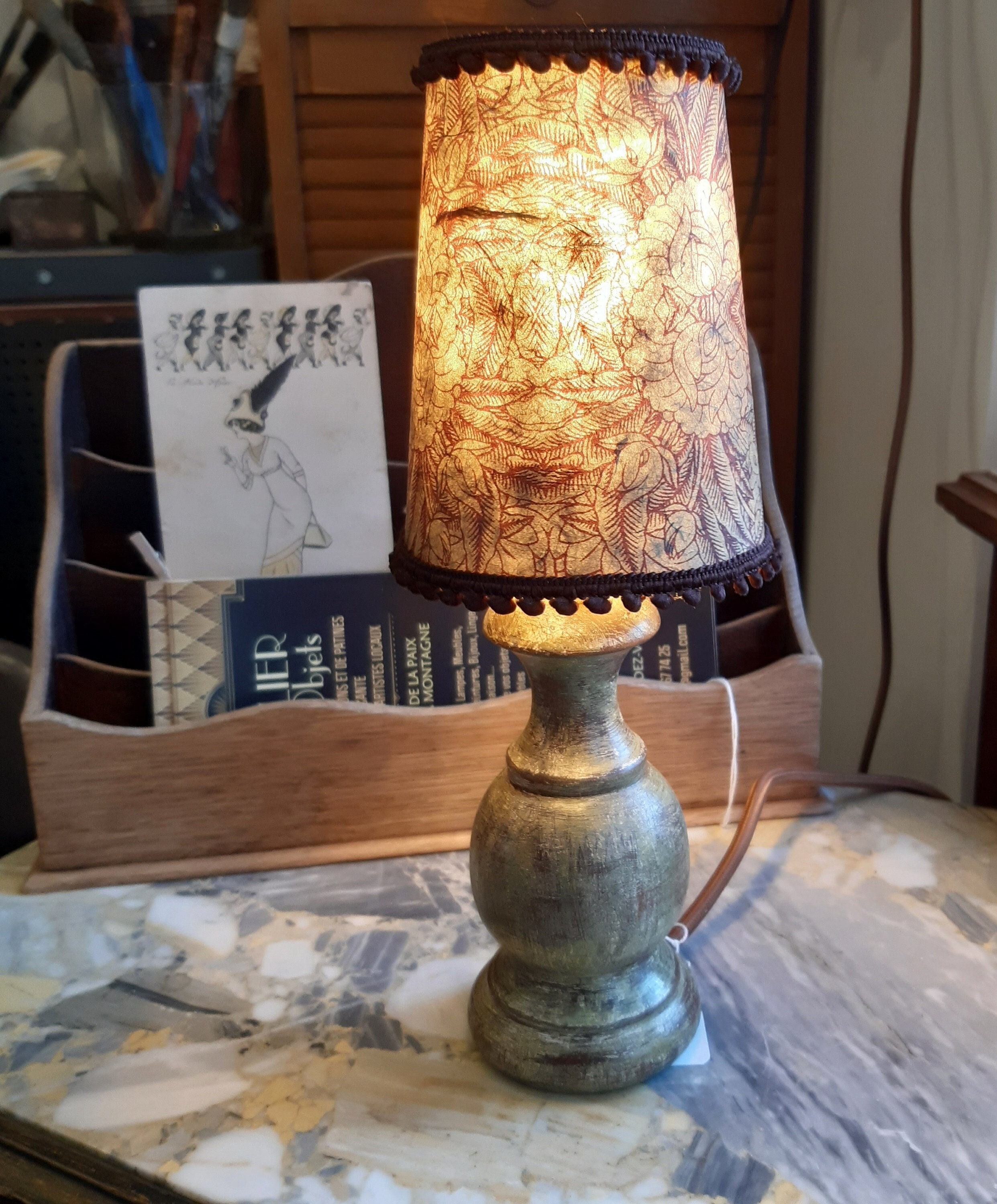 Lampe, Bois, Vert, Kaki, Patiné, Abat-Jour Papier, Polyphane, Motifs Fleurs, Kaki, Brun Les P'tites 