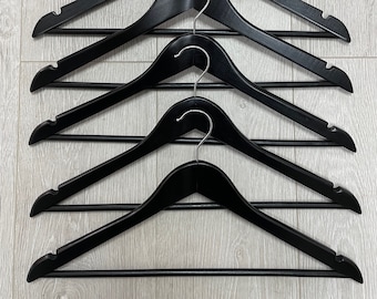 20 BLACK Wood Wooden Coat Hangers 44cm, 360 Degree Rotatory Hook Trouser Bar A-Grade Clothing Hanger Bridal Retail Hanging Display Adult