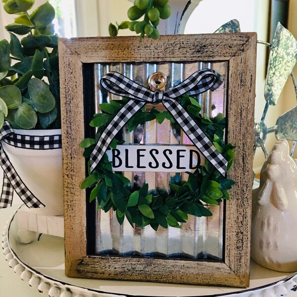BLESSED wreath sign frame- Tiered Tray Decor - Farmhouse decor - Rae Dunn Inspired Sign- Rustic Decor - Shelf Decor - coffee bar decor