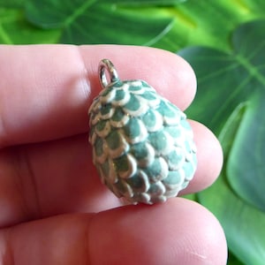 Handmade Polymer Clay Dragon Egg Pendant - Green and Cream
