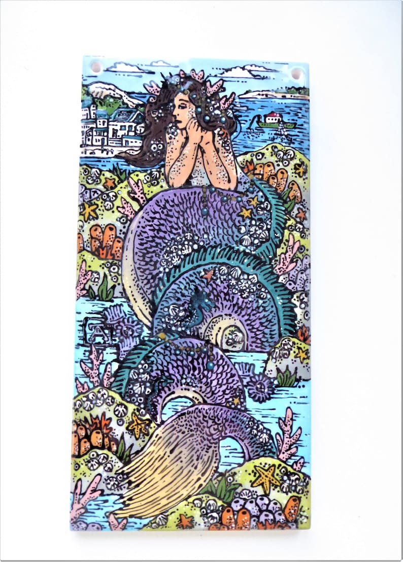Painted Ceramic Mermaid Hanging Tile Painted Ceramic Mermaid Hanging Tile