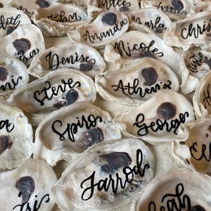 Hand lettered Oyster shell place cards-escort cards-beach wedding place cards