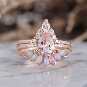 Pear shaped pink morganite engagement ring set rose gold vintage moissanite rings marquise opal wedding band antique anniversary bridal set