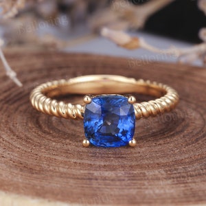 Vintage sapphire engagement ring yellow gold cushion rings unique art deco crossover wedding rings antique promise anniversary ring