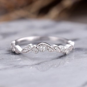 Moissanite/Diamond curved wedding band white gold unique leaf matching band art deco stacking ring birthstone anniversary wedding ring