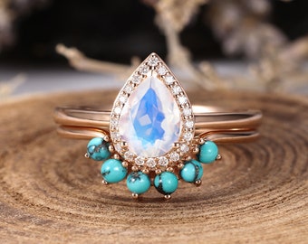 Vintage moonstone engagement ring set art deco diamond halo rings turquoise curved stacking band pear shaped anniversary bridal set