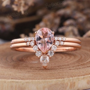 Vintage pink morganite engagement ring set rose gold moissanite curved wedding rings half eternity diamond rings anniversary bridal set