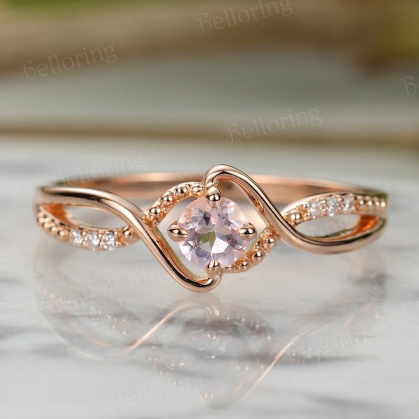 Pink morganite engagement ring Vintage art deco diamond rings rose gold twisted band infinity ring unique birthstone anniversary bridal ring