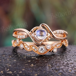 Round moonstone engagement ring set vintage art deco diamond rings rose gold twisted band diamond wedding ring anniversary bridal set