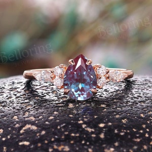 Vintage Pear shaped Alexandrite engagement ring rose gold marquise moissanite ring  art deco diamond bridal ring antique anniversary ring