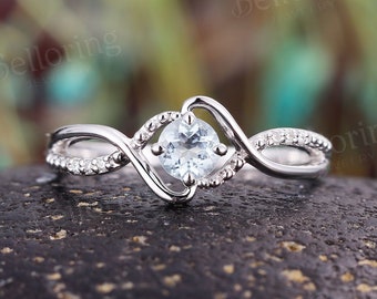 Round aquamarine engagement ring white gold vintage diamond wedding ring unique art deco rings March birthstone promise anniversary ring