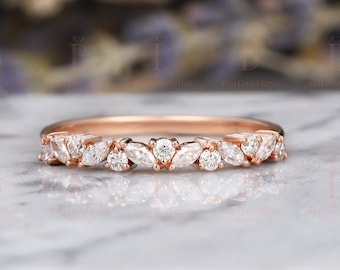 Moissanite Diamond Curved Wedding Band,Minimalist Solid 14K Rose Gold Stacking Band,Vintage V Shape Chevron Ring,Anniversary Promise Ring