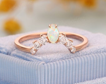 Marquise opal curved wedding band vintage art deco diamond stacking rings rose gold chevron matching bands antique anniversary ring