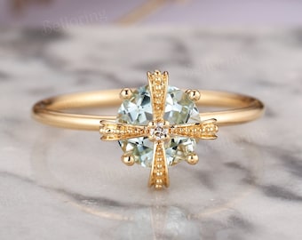 Round aquamarine engagement ring yellow gold art deco diamond rings antique simple prong set ring promise anniversary wedding ring