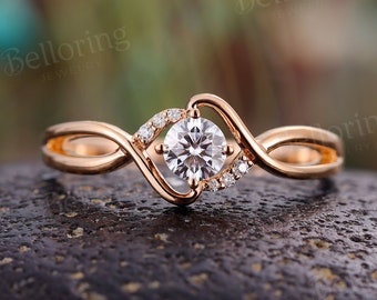 Round moissanite engagement ring vintage art deco diamond rings unique rose gold twisted band infinity ring antique anniversary ring