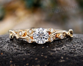 Vintage round moissanite engagement ring art deco moissanite diamond rings unique antique leaf ring yellow gold anniversary bridal ring