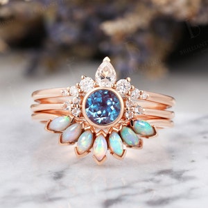 Art deco Alexandrite engagement ring set vintage marquise opal curved wedding rings rose gold pear moissanite band anniversary bridal set