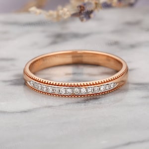 Vintage diamond wedding band 14k rose gold half eternity two-tone bands antique stacking ring channel set anniversary promise matching band