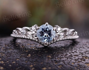 Vintage aquamarine engagement ring white gold art deco diamond crown rings prong set birthstone rings round anniversary promise wedding ring