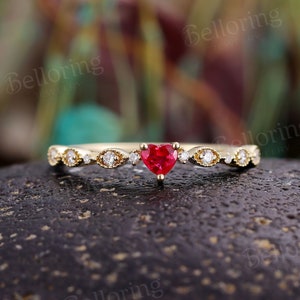 Heart shaped ruby engagement ring yellow gold art deco diamond wedding rings vintage half eternity ring antique promise anniversary ring