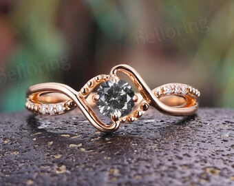 Salt pepper diamond engagement ring vintage rose gold art deco diamond rings Unique twisted infinity rings anniversary wedding ring