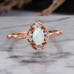 Vintage oval opal engagement ring rose gold art deco diamond wedding rings antique delicate milgrain ring promise anniversary wedding ring