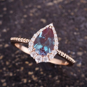 Vintage Pear Alexandrite engagement ring moissanite halo Rose gold ring milgrain art deco diamond ring unique anniversary  promise ring